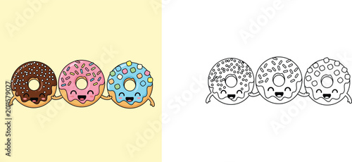 Obraz na plátne Coloring page for children with three cute happy donut characters holding hands, educational activity sheet featuring a colored illustration and a black and white line art version