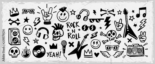 Fotografia Rock and roll doodle vector set with guitars, skulls, headphones, and music icons