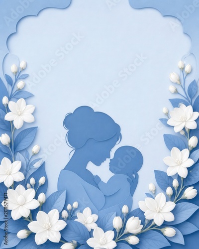 Motherhood Silhouette with Blue Flowers A Symbolic Representation of Love Care and Family Bonds for Mother s Day or Baby Showers