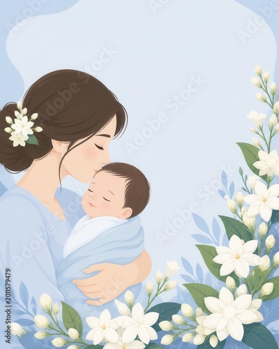 A tender moment shared between a mother and her newborn baby featuring soft blue tones with white flowers adding to the serene atmosphere
