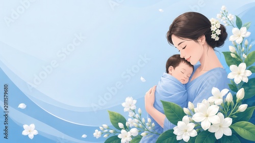 Peaceful Moment between Mother and Baby Amidst Blossoming Flowers Commercially Used for Products or Services Relating to Family Love and Well being