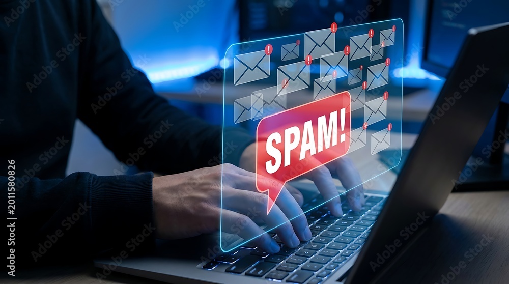 Fototapeta premium Man typing on laptop with spam email concept