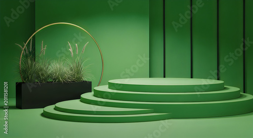 3d rendering of a green podium with a golden ring and decorative grass