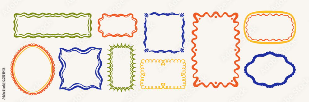 Fototapeta premium Hand drawn decorative frame set with tropical organic wavy borders. Colorful doodle square blank kit simple design. Vector illustration.