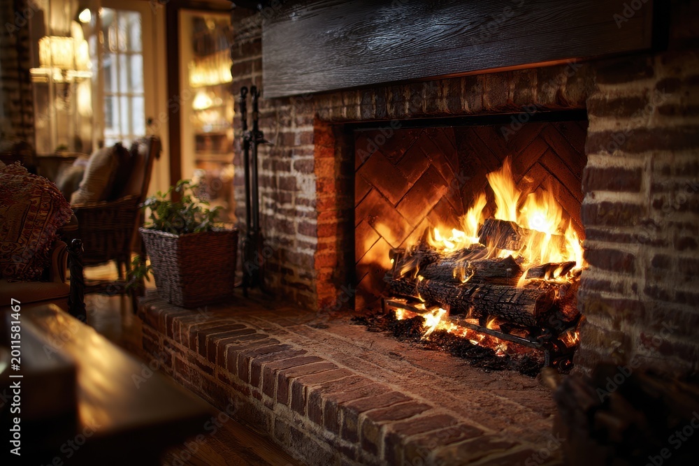 Fototapeta premium Brick fireplace scene with ember glow and rustic home decor