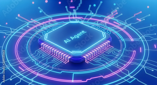 Ai agent concept with futuristic glowing microchip processor on digital circuit board