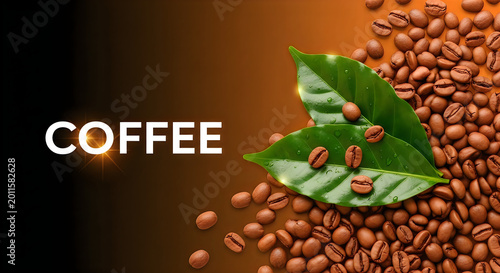 Coffee beans and green leaves on a brown background with the word coffee