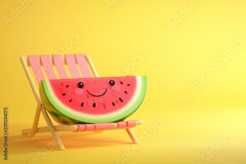 A playful watermelon slice with a smile sits on a beach chair, capturing the essence of summer fun. The vibrant colors create a cheerful atmosphere.