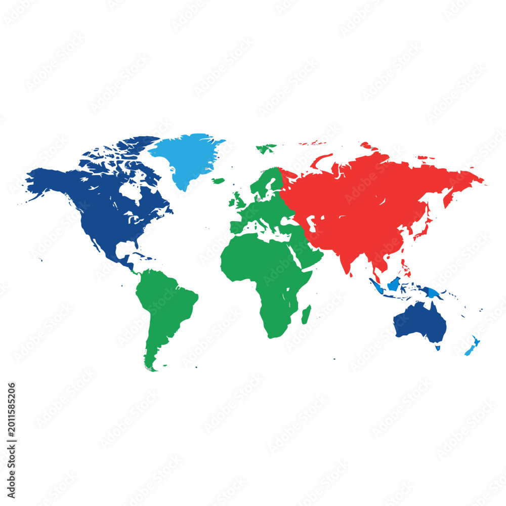 Fototapeta premium Colorful World Map Divided into Continents: Blue, Green, Red, White Background