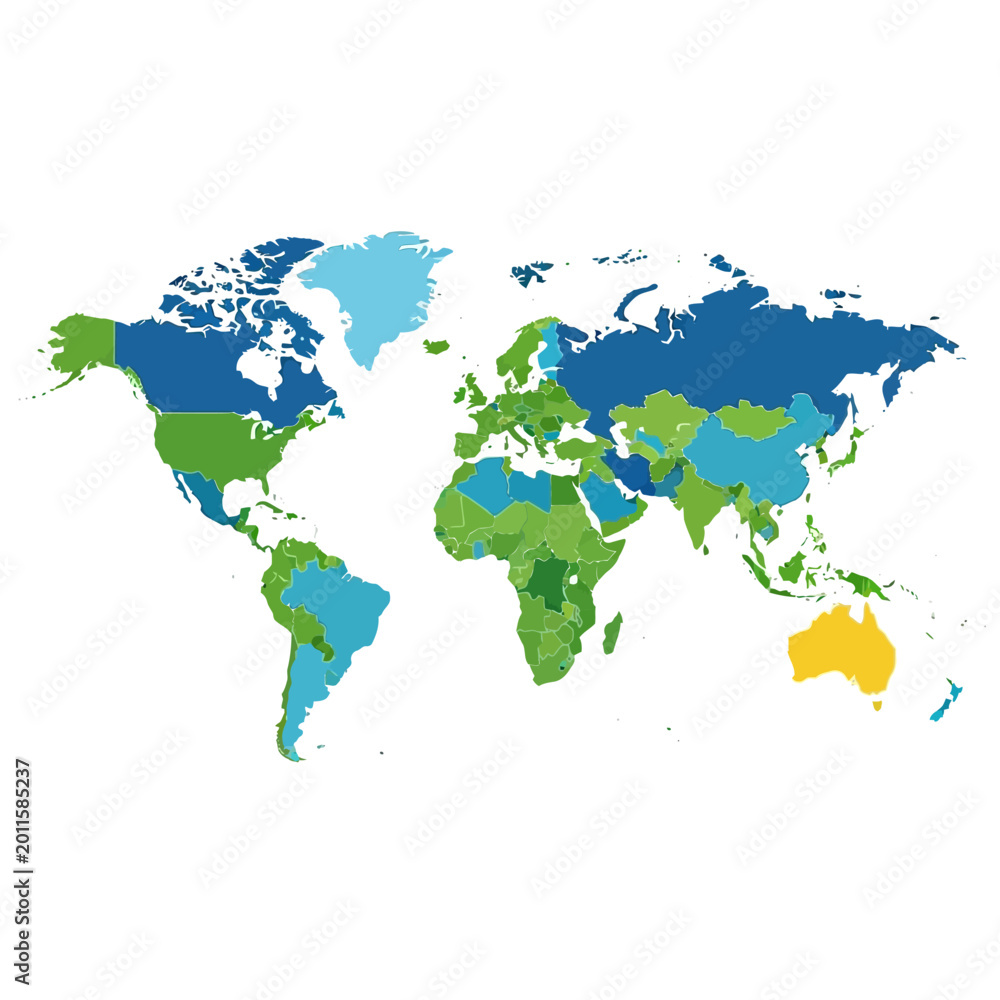 Fototapeta premium Colorful World Map: Continents and Countries Illustrated with Blue, Green, and Yellow Tones