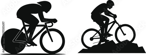 Cyclists racing bicycles mountain and road bike silhouette vector illustration line art.