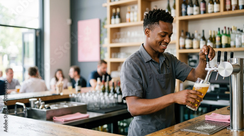 Smiling male bartender pouring a glass of beer from a tap. Professional Black man working in a modern bar or pub. Hospitality and service industry concept