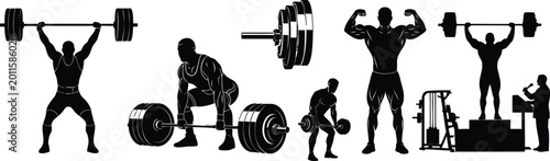 Weightlifting bodybuilding silhouette vector art set.