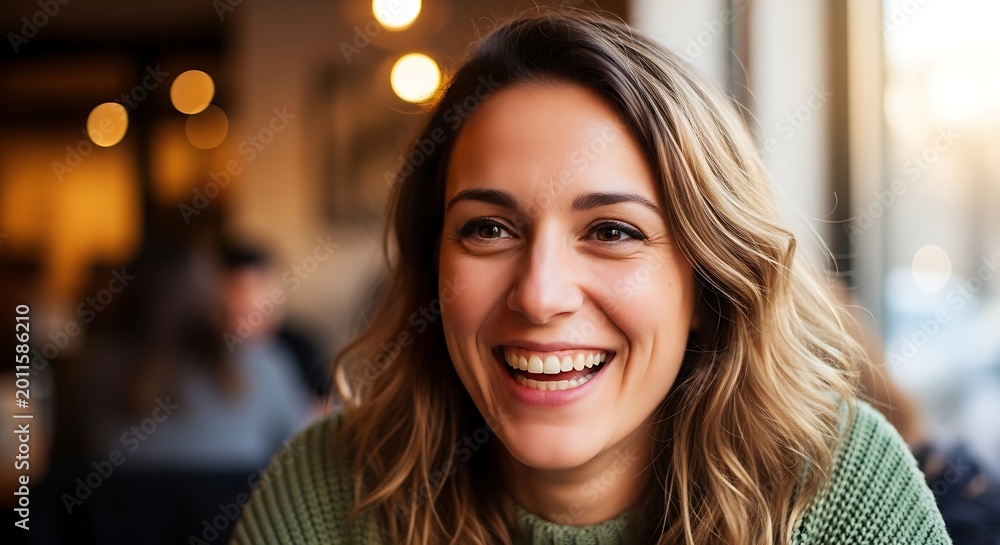 Obraz premium Happy young woman smiling during a casual conversation in a cozy cafe.