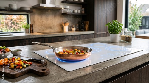 Modern glossy white glass induction cooktop installed in a concrete kitchen counter features glowing futuristic blue circular heating rings.