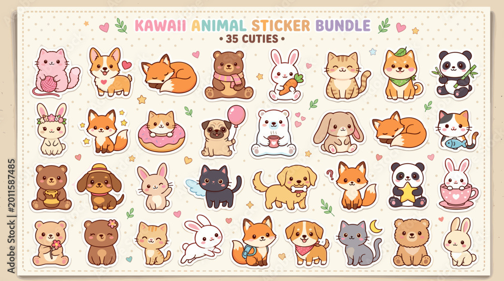 Fototapeta premium Whimsical Animal Sticker Pack: A delightful array of adorable animal stickers, each exuding charm and personality, perfect for adding a touch of cuteness to any project or design.