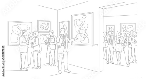 Foto Art gallery tour: people viewing abstract paintings, guided by an expert