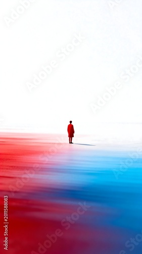 Lonely Figure Standing Between Red And Blue Gradient Space
