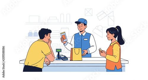 Customers buying goods from a shopkeeper at the counter, illustration