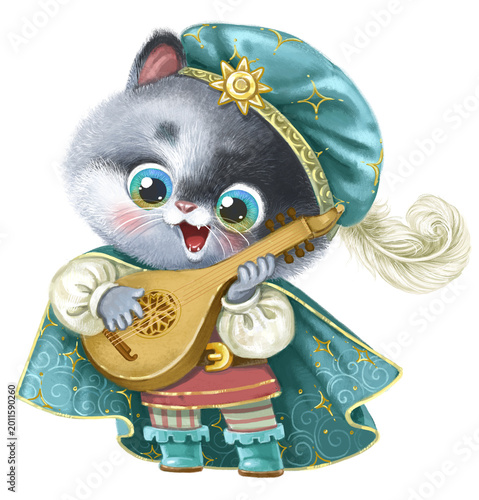 Cuadro en lienzo Cute cartoon kitten minstrel in medieval costume plays the lute and sings a song