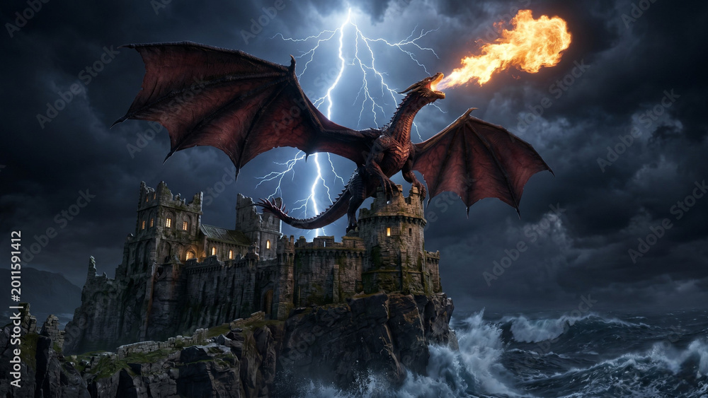 Obraz premium Colossal dragon with spread wings perched on crumbling clifftop fortress releasing fire breath into stormy night sky with lightning bolt and raging ocean waves below