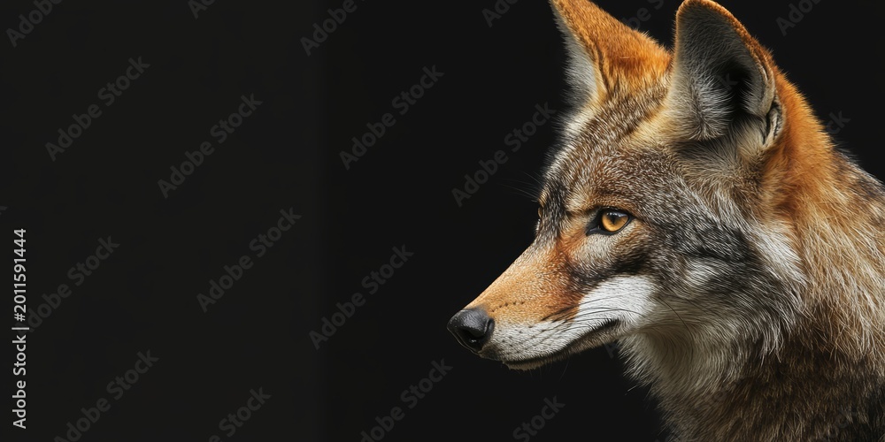 Fototapeta premium A fox is staring at the camera with its eyes open. The image is black and white, and the fox is the only object in the frame