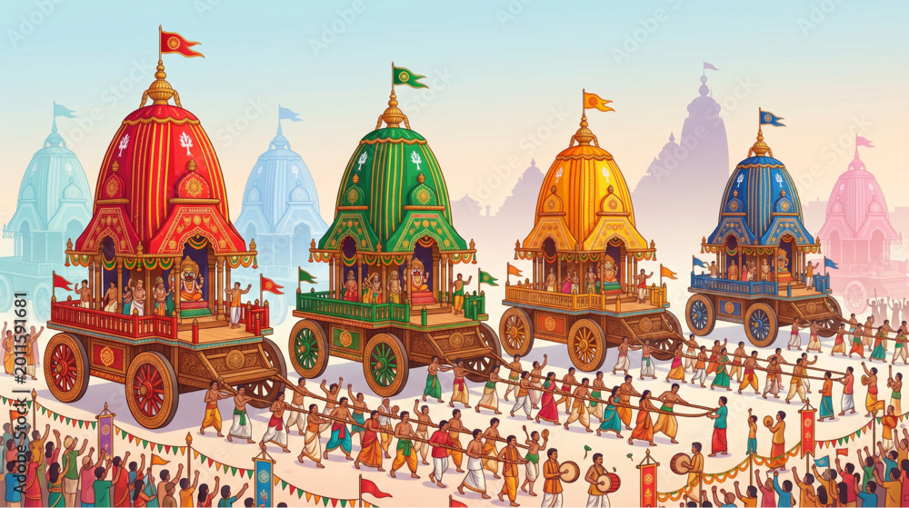 Obraz premium Happy rath yatra vector illustration with four colorful chariots and musical procession of devotees for Lord Jagannath festival celebration