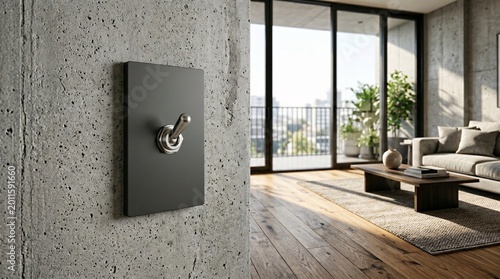 Sleek smart home light switch with a metallic silver toggle mounts cleanly on a textured grey concrete wall in a contemporary living room.
