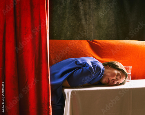 Scene of a woman in an interior behind a velvet curtain III