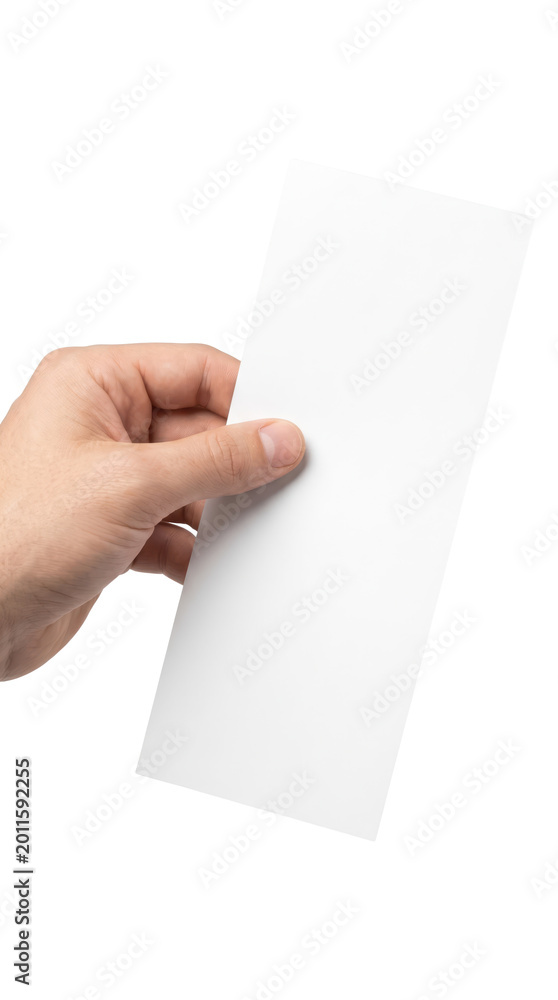 Fototapeta premium Man's hand holding a blank white flyer or menu for mockup. Isolated on transparent background, png
