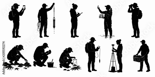 Scientists conduct field research collecting plant samples and data in natural outdoor environment with various equipment.