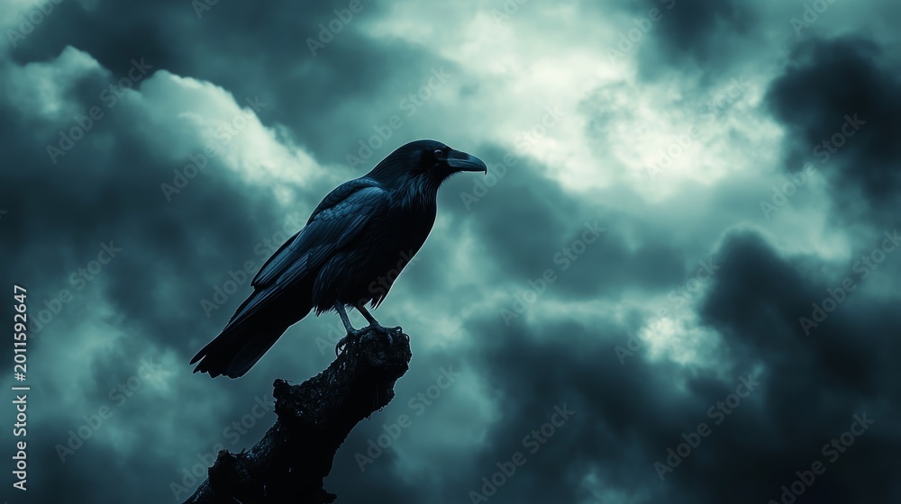 Fototapeta premium A black crow is perched on a tree branch in a dark, cloudy sky
