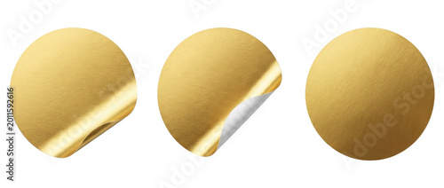 Set of round gold foil stickers with peeled corners, blank labels for mockup. Isolated on transparent background, png