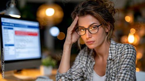 Woman stares at a hospital billing portal on a desktop computer at a modest home desk, one hand pressed to her temple, unpaid notice highlighted in red on the screen, ideal for medical debt, financi