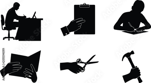 Bild auf Leinwand People and hands performing various tasks black silhouette vector illustration set, line art drawing