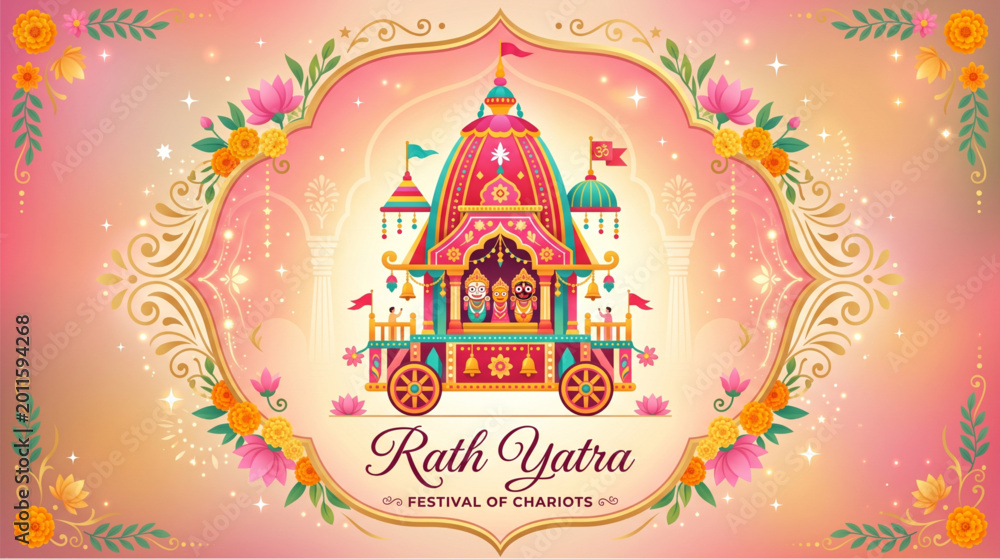 Obraz premium Happy rath yatra vector illustration with traditional chariot inside ornate floral arch frame on pink background for Jagannath festival banner 