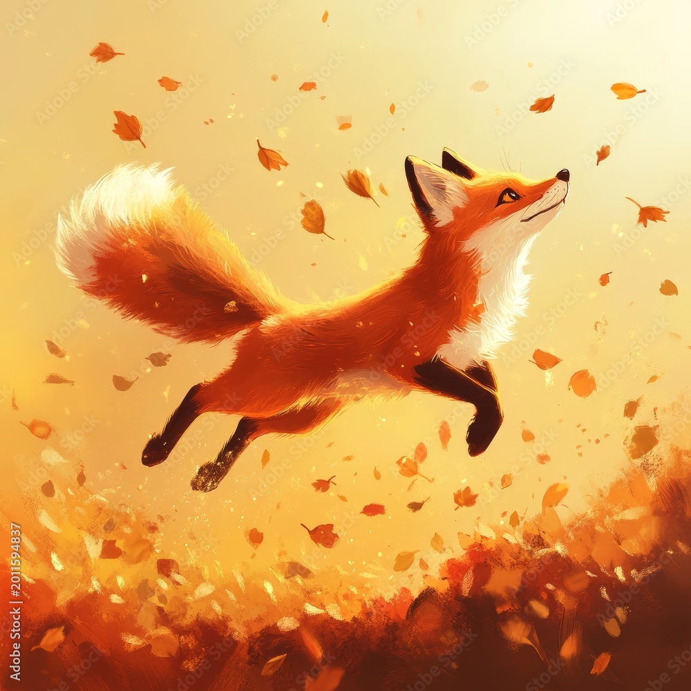Obraz premium A cheerful fox leaps joyfully through a flurry of autumn leaves, bathed in warm sunlight. This captivating scene captures the essence of nature in the fall.