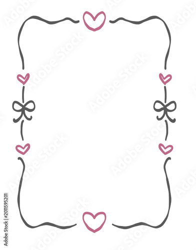 Hand-drawn doodle frame with pink hearts and gray bows on white background, decorative border for wedding invitations or Valentine's Day greeting cards