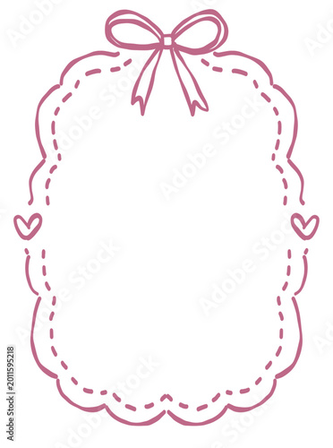 Hand Drawn Cute Pink Scalloped Frame with Bow and Heart Accents, Decorative Sketch Border Element