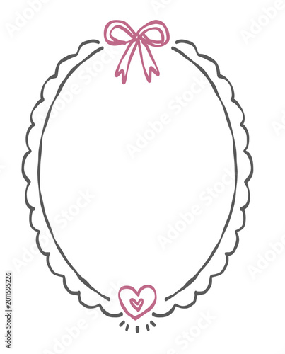 Hand-drawn decorative oval frame with pink bow and heart, cute scalloped border illustration