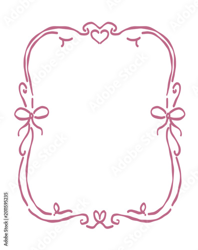 Hand-Drawn Pink Decorative Frame with Hearts and Bows for Wedding or Valentine's Day Invitation