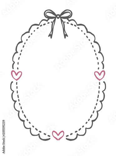 Cute hand-drawn oval frame with scalloped edges, dashed border, decorative bow, and pink hearts; minimalist vector illustration for cards and scrapbooking.