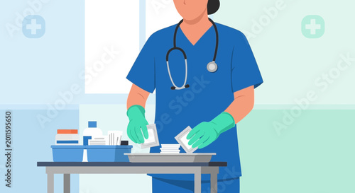 Nurse preparing medical supplies and medications on a tray in a clinic