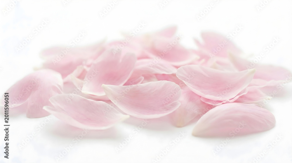 Obraz premium Pile of soft pink flower petals isolated on white background, delicate rose petals heap with selective focus, gentle aesthetic for cosmetic and spa wellness design