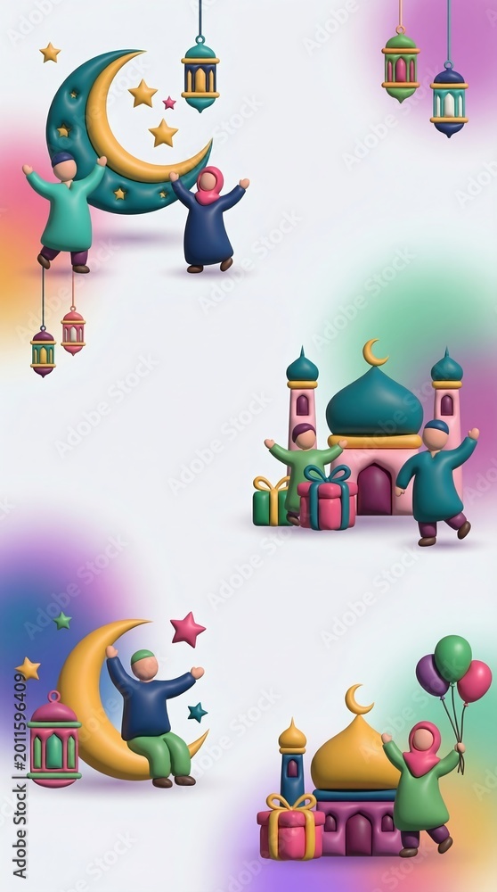 Naklejka premium 3D render of Muslim people celebrating Ramadan with crescent moon, mosque, lanterns, and gift boxes on a soft gradient background