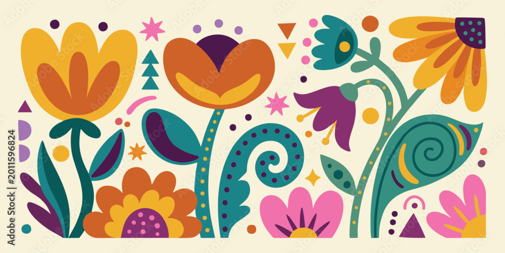 Obraz premium Retro Folk Floral Patterns and Ornate Flower Composition Set