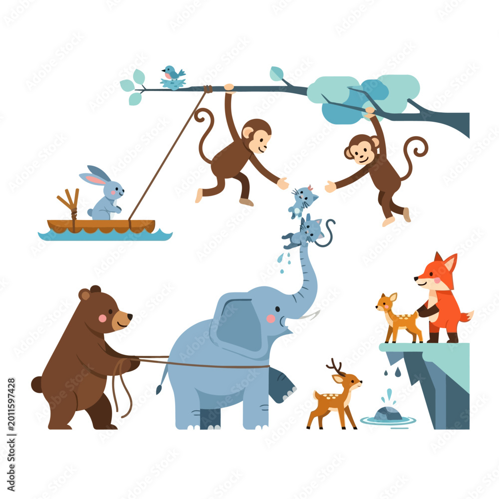 Naklejka premium Jungle Animals Playing Together: Monkeys, Elephant, Bear, Fox, Rabbits, Deer