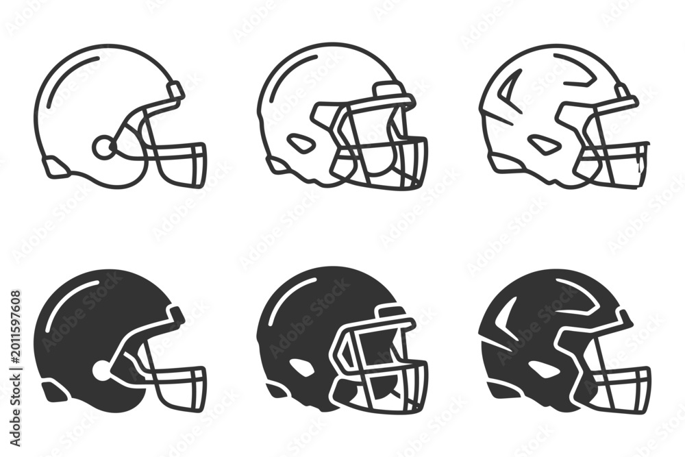 Fototapeta premium Set of six american football helmet designs in outline and solid styles.