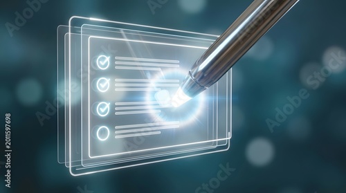 Close up of a stylus pen touching a glowing digital interface showing a checklist with completed tasks in a high tech futuristic environment.