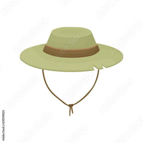 Green tourist hat vector illustration in clean flat style. Classic outdoor hat with wide brim, isolated on white background. Bright green color, simple shapes, and modern design. Ideal for travel